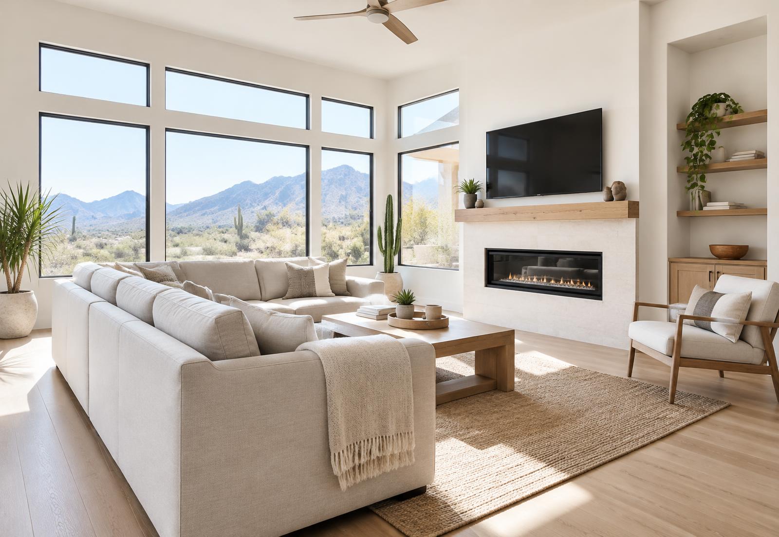 Bright, tidy living room with desert mountain views through large windows